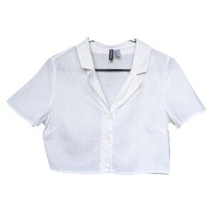 Simons White Cropped Linen T-Shirt with Buttons Women Size Medium